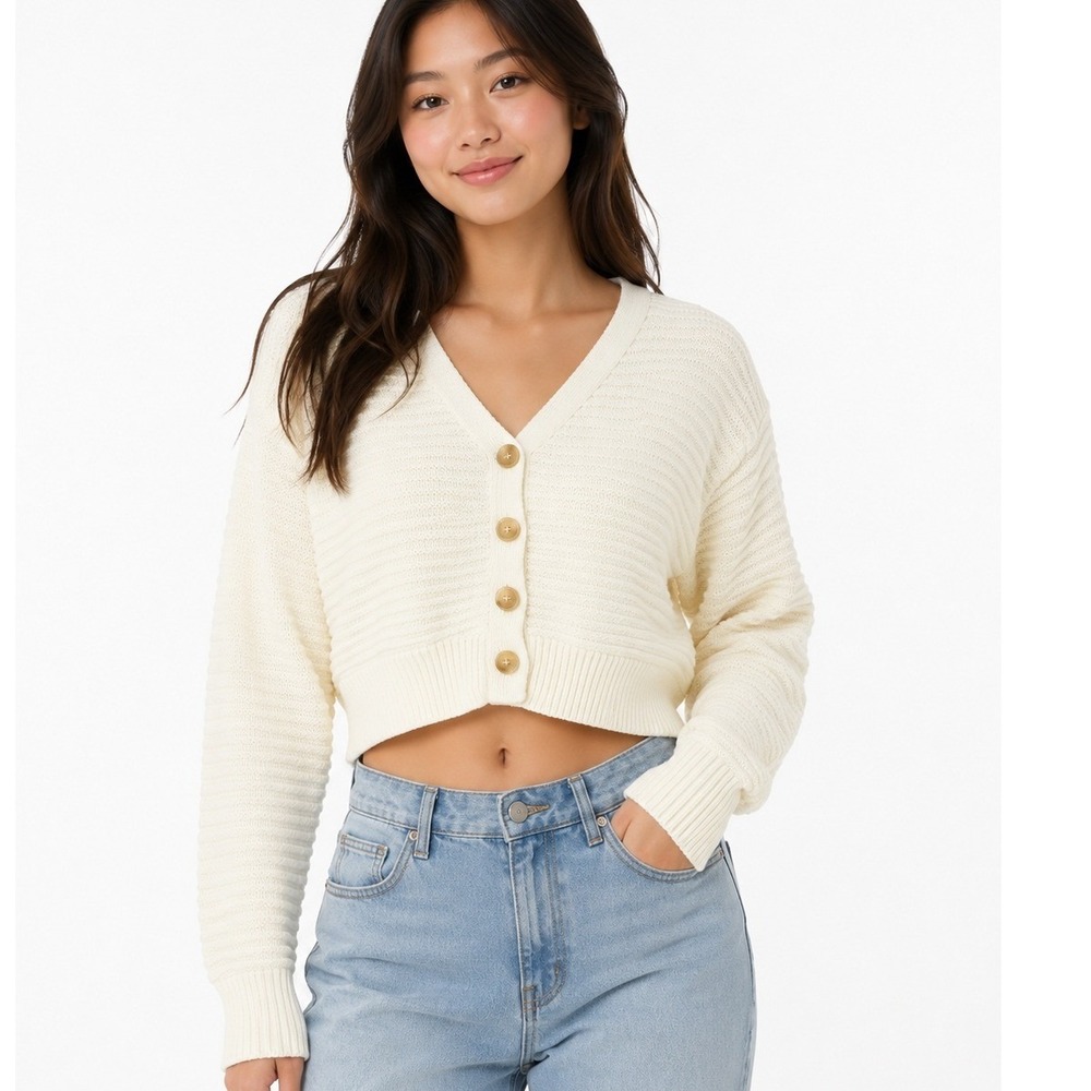 Cotton Candy LA | White Cropped Ribbed Knit Cardigan Sweater | Small